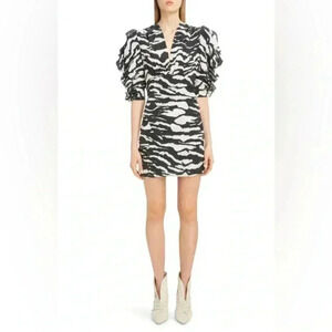 Isabel Marant Zebra Print Puff Sleeve Stretch Silk Minidress